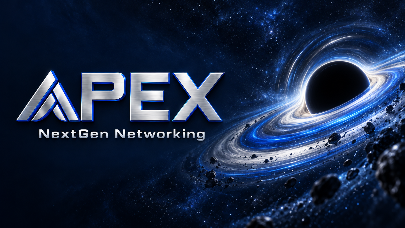 Silver and cobalt APEX identity beside an artistic black hole