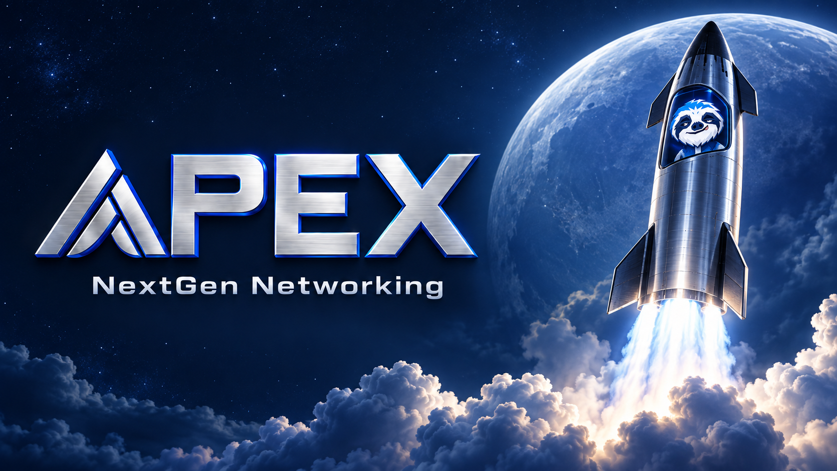 Silver APEX identity with the NextGenGalactic sloth launching toward the moon